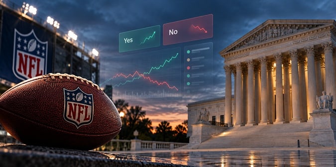 An NFL football and prediction-market trading graphics in front of the U.S. Supreme Court at dusk