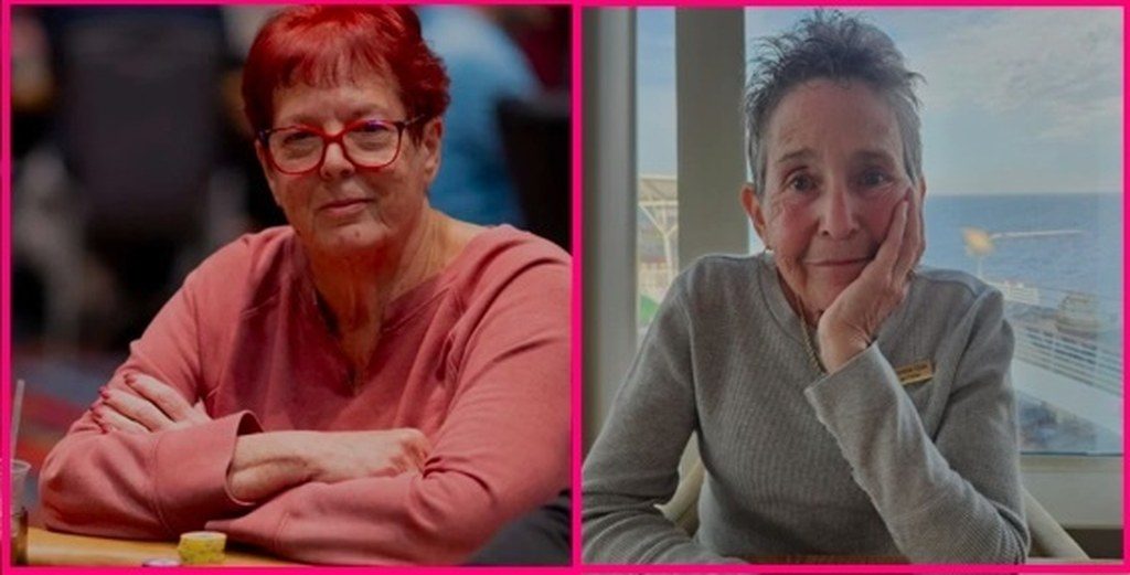 Side-by-side photos of poker legends Linda Johnson and Jan Fisher, one at a poker table and one aboard a cruise ship