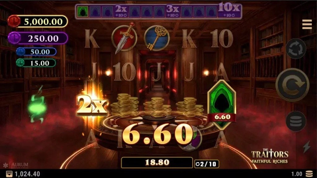 Screenshot of The Traitors: Faithful Riches slot machine gameplay screen