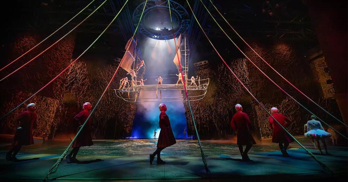 Acrobats perform on a suspended ship rig during the O show at Bellagio in Las Vegas