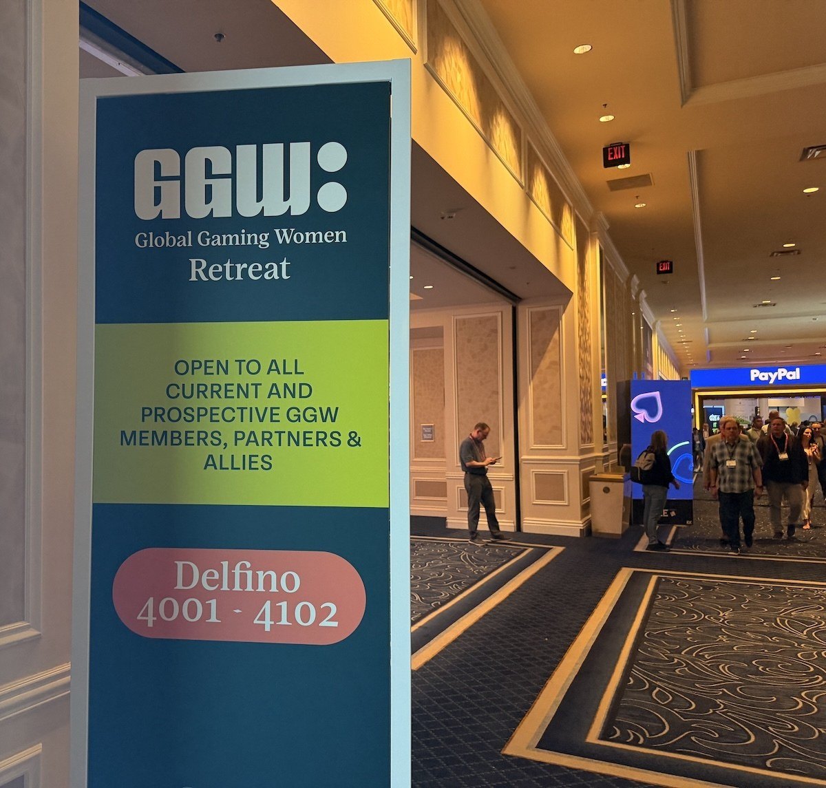 Sign directing attendees to the Global Gaming Women Retreat in the Venetian's Delfino Ballrooms at G2E