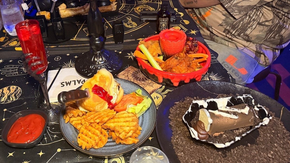 The Murder Burger, Bite Me wings, and Dig Your Own Grave dessert at Haunted Inn Palms