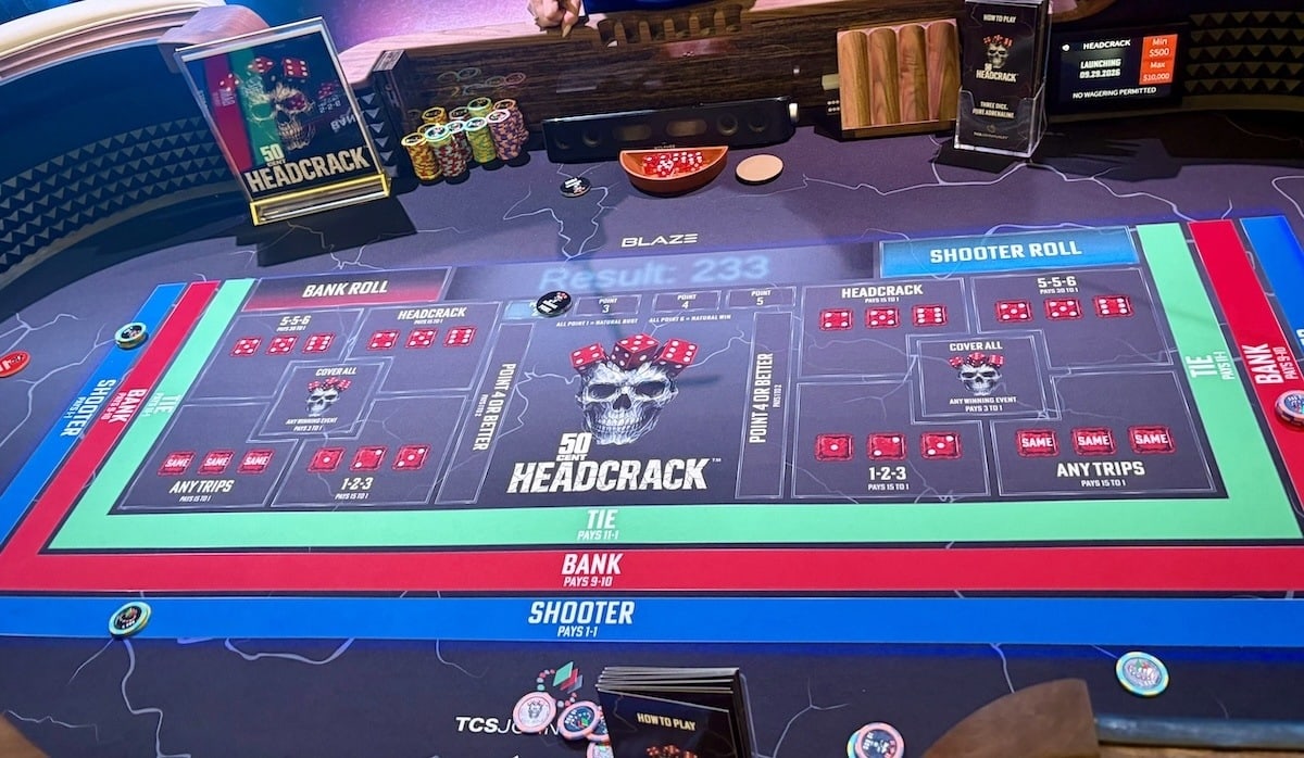 Close-up of the 50 Cent Headcrack felt layout, showing the Bank, Shooter, Tie and side-bet betting spots