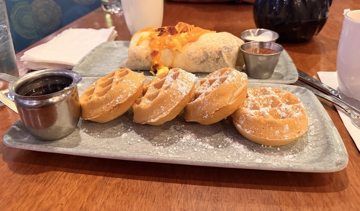 Waffles and a breakfast burrito at Pyramid Cafe in Luxor