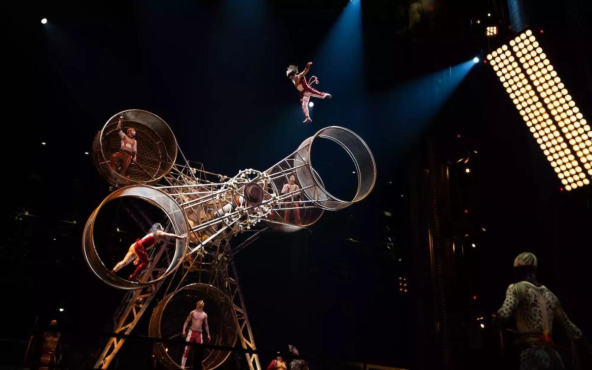 An acrobat leaps above the rotating wheel apparatus in KÀ at MGM Grand in Las Vegas
