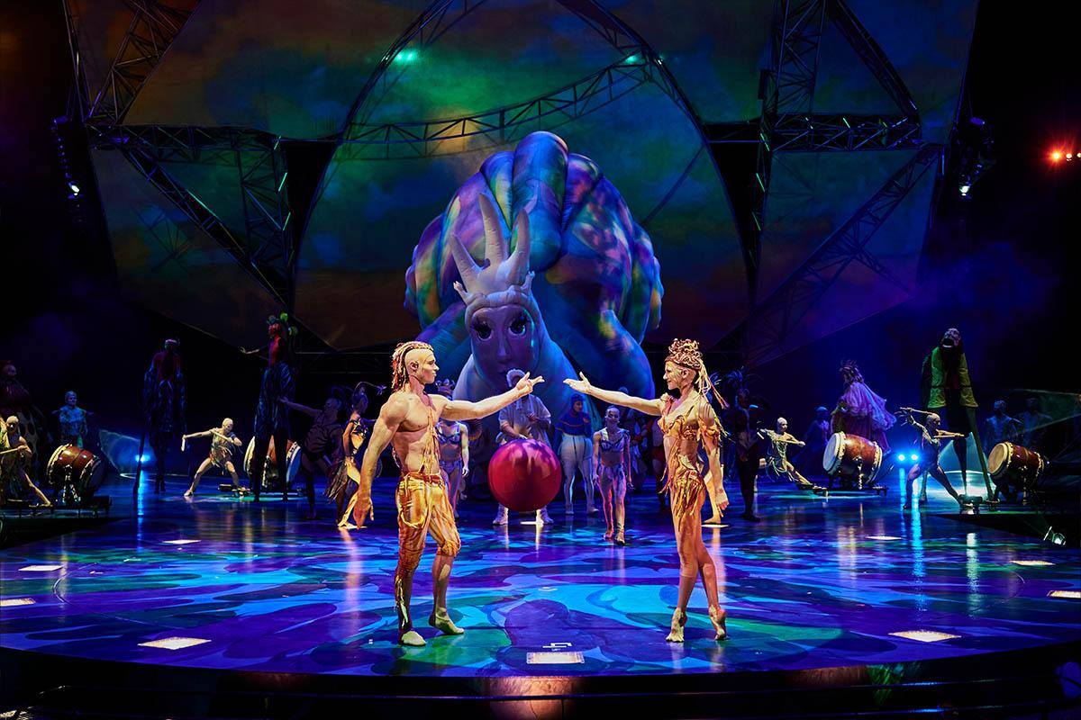 Performers with taiko drums in the Mystère show at Treasure Island in Las Vegas