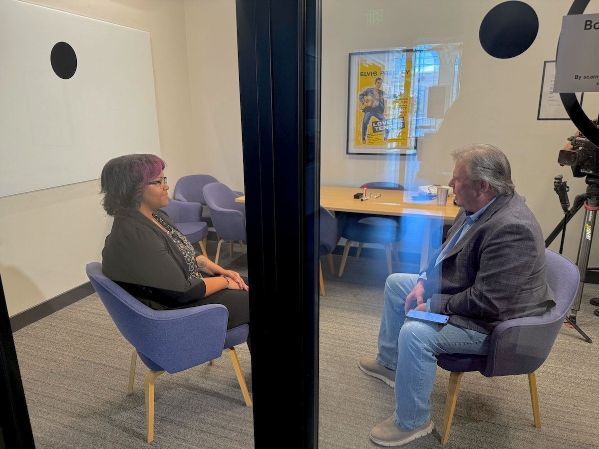 Casinos.com's Vanessa Alves-Johnson being interviewed by News 3 Las Vegas reporter Steve Wolford