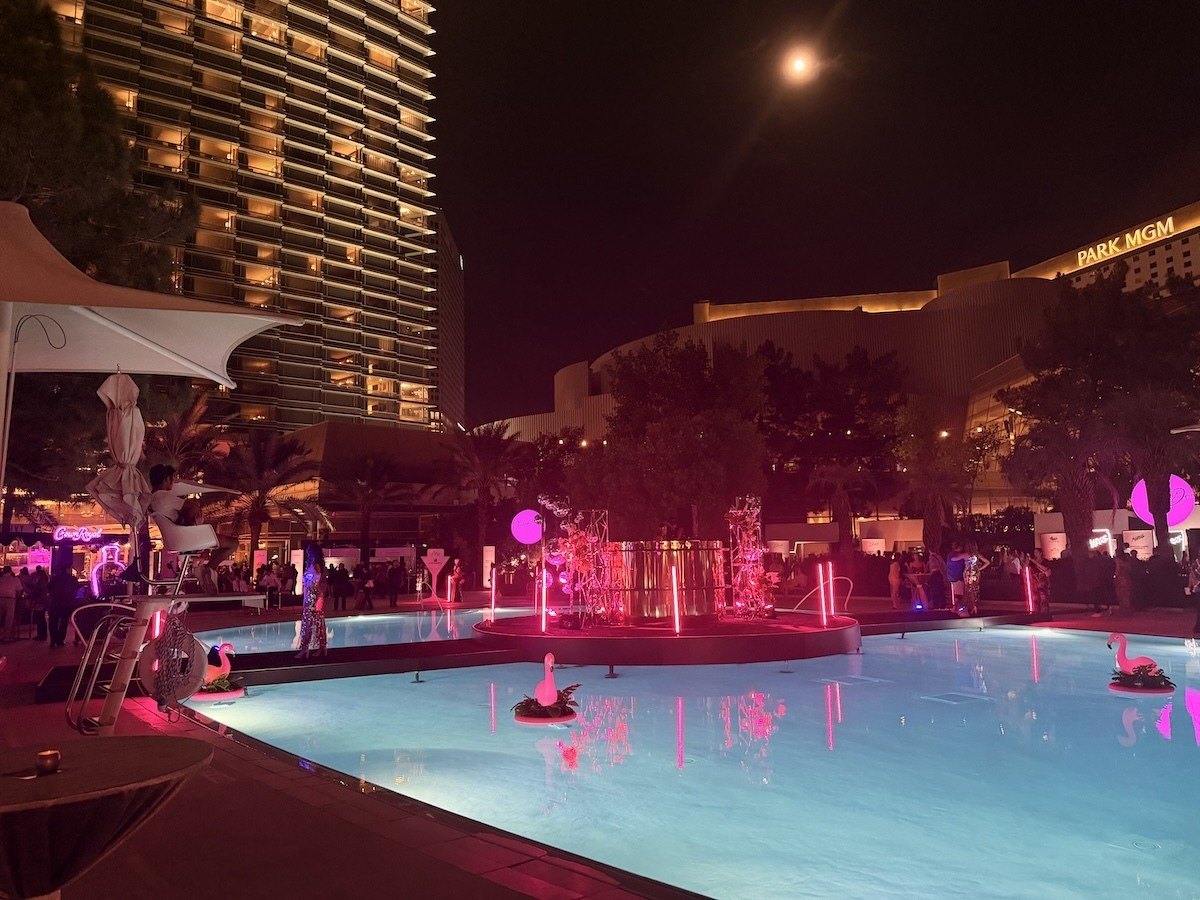 The Drink Las Vegas festival took over Aria's pool, lit up with pink lighting at night