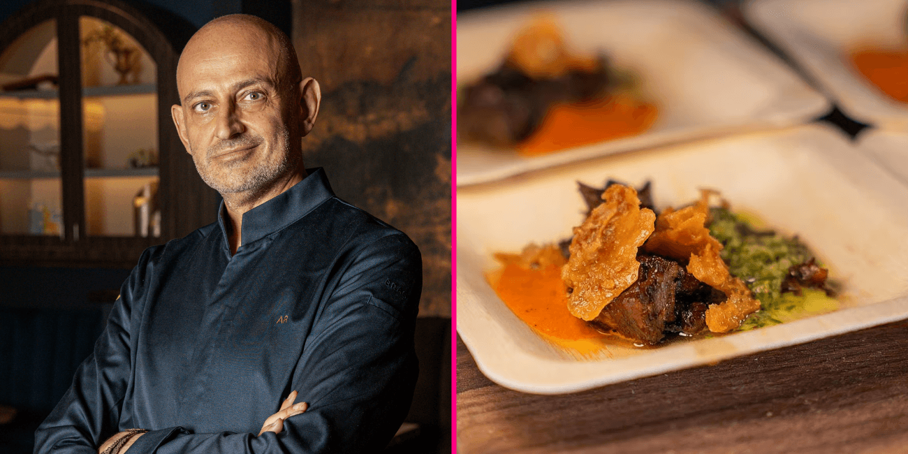 Chef Alex Reznik and an oxtail dish at Hayworth's booth