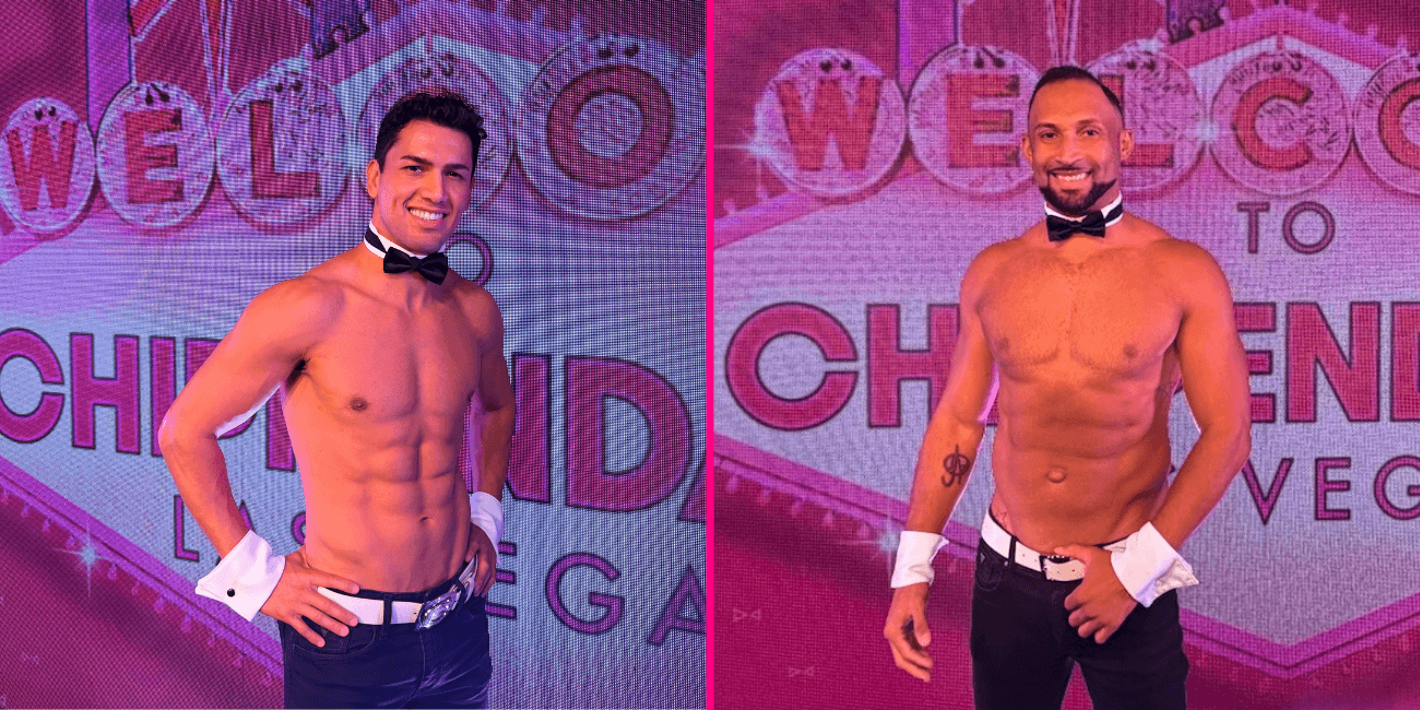 Split-screen photo of Chippendales dancer Alejandro Rodriguez shirtless with a bow tie on the left, and host Jayson Michael shirtless with a bow tie on the right, both posing in front of the Chippendales Las Vegas stage backdrop.