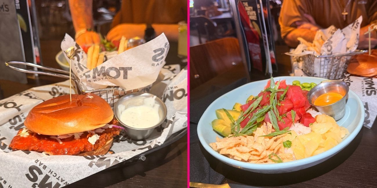 Buffalo chicken sandwich and poke bowl at Tom's Watch Bar