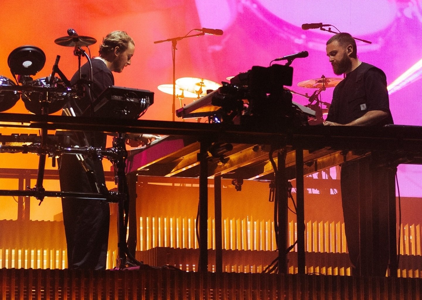 Disclosure duo performing behind a drum kit and keyboard at Coachella