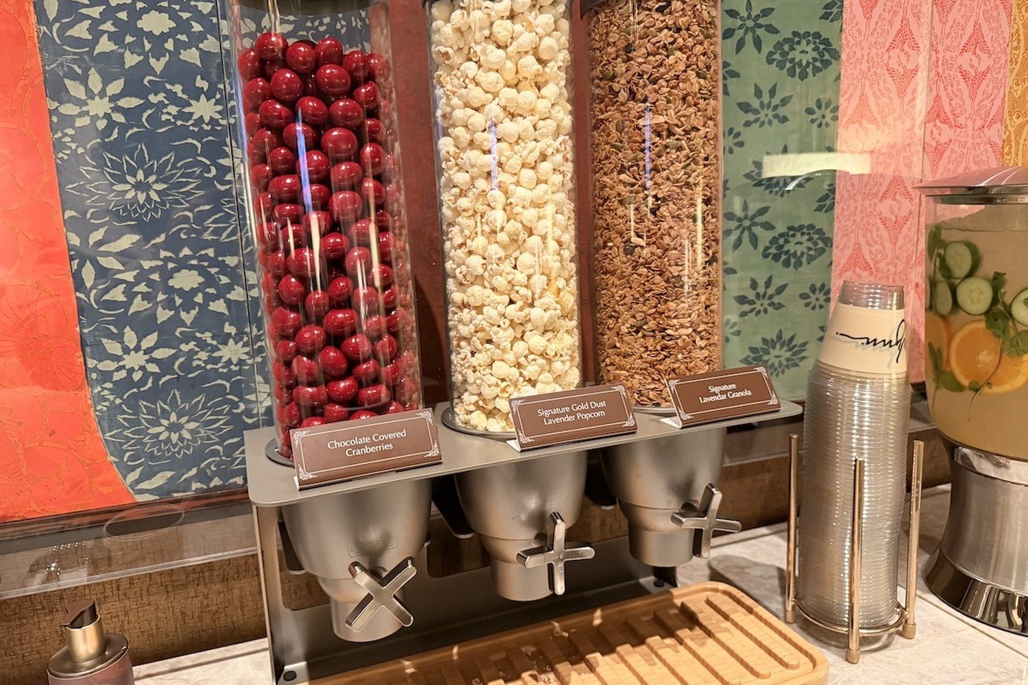 Snack station at the Wynn Spa with chocolate-covered cranberries, lavender popcorn and granola