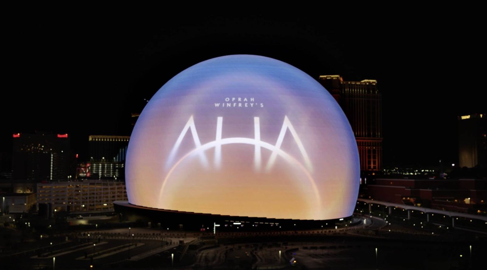 Oprah Winfrey's AHA projected on the exterior of the Sphere in Las Vegas