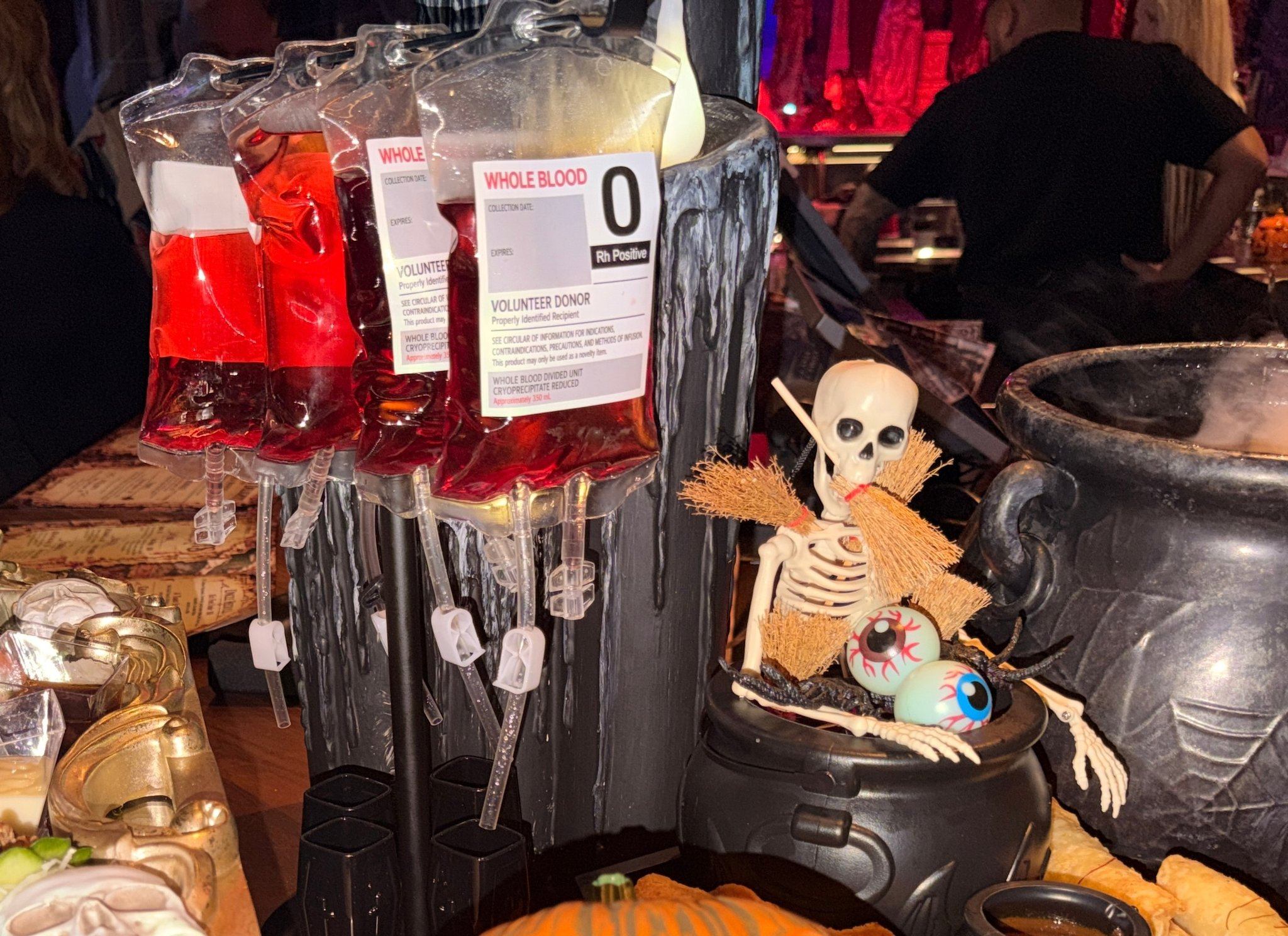 The Blood Drive cocktail served from an IV blood-bag reservoir at Haunted Inn Palms