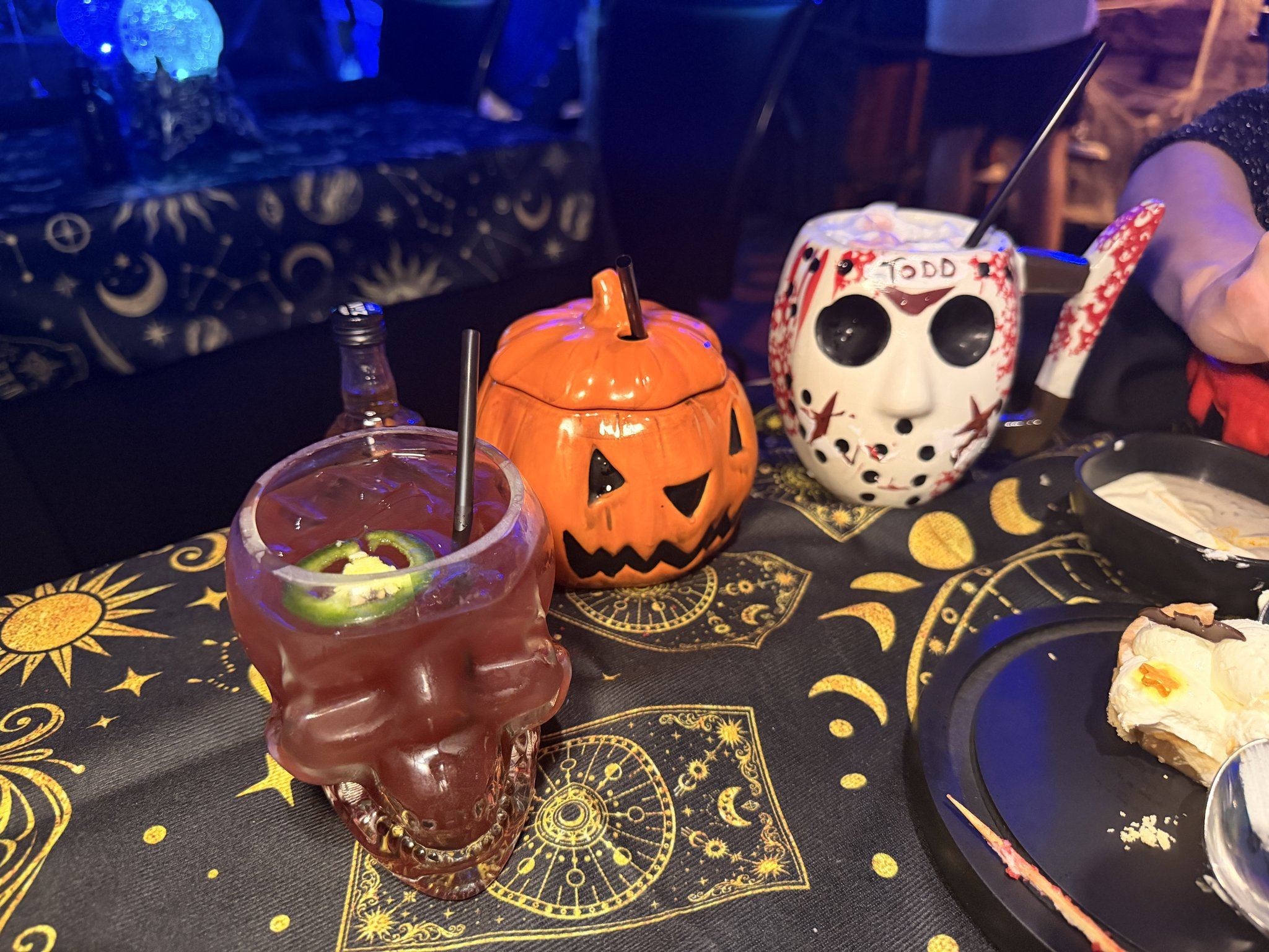 The Kill of the Day skull cocktail, Smashed Pumpkin, and Camp Blood mocktail at Haunted Inn