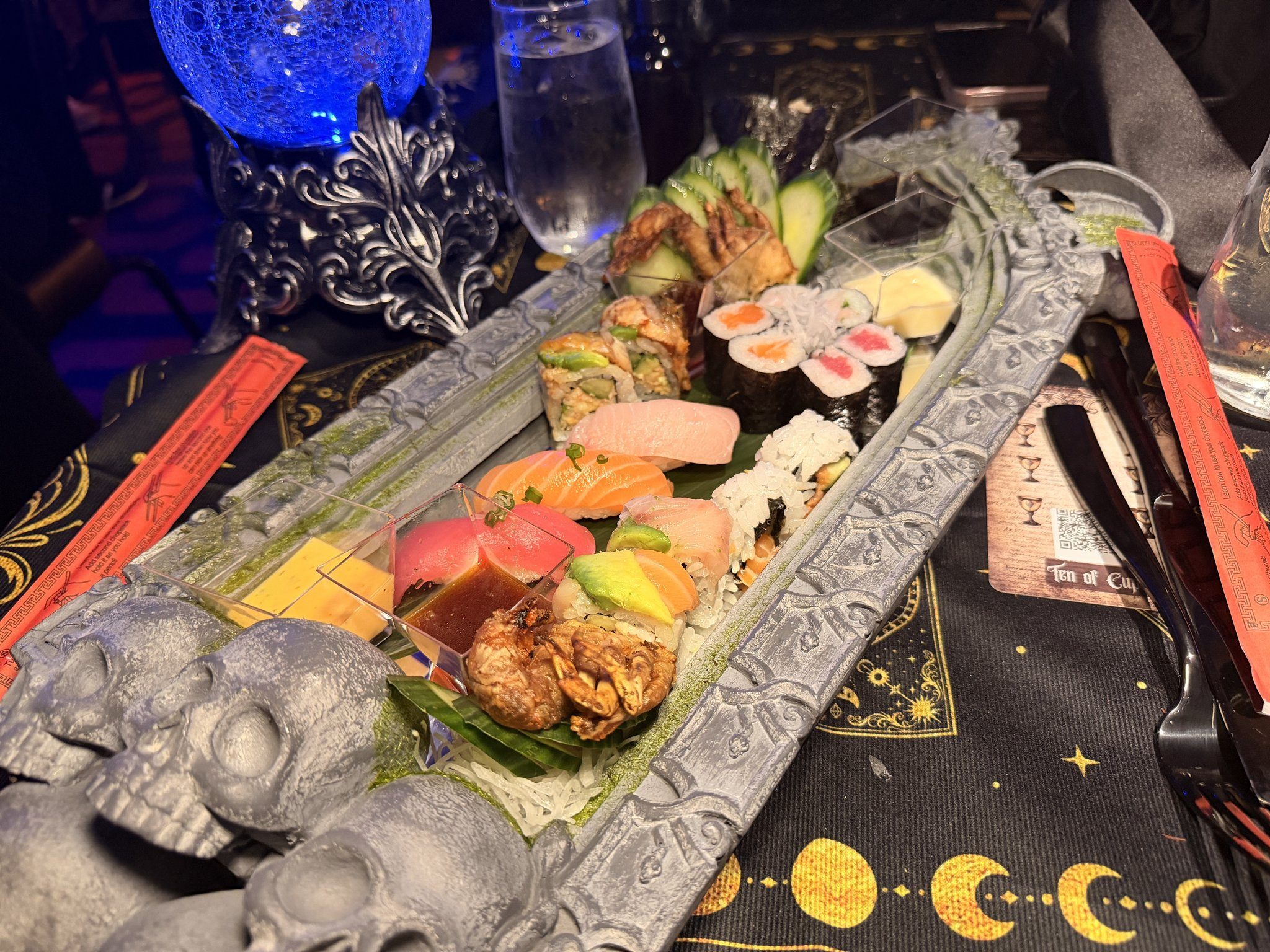The Fresh Catch From the Yard sushi platter served on a skull-shaped tray at Haunted Inn