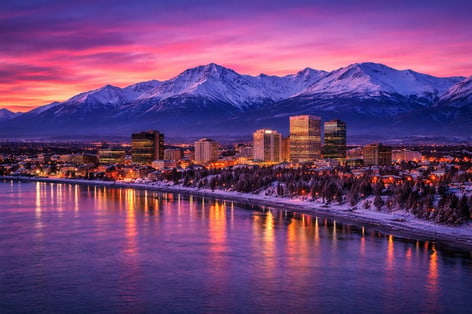 Twilight over Anchorage and mountains in Alaska
