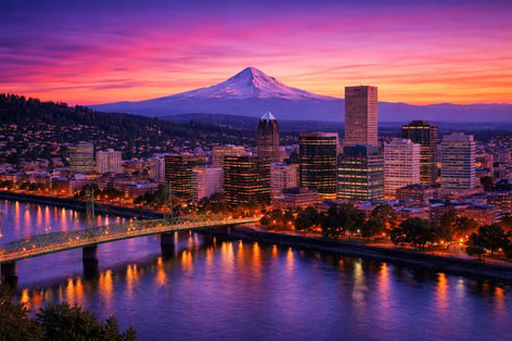 Portland skyline at twilight with Mount Hood