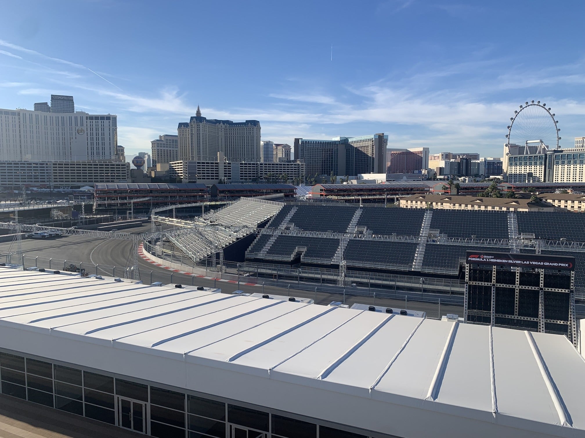 F1 grandstands with Las Vegas in the background