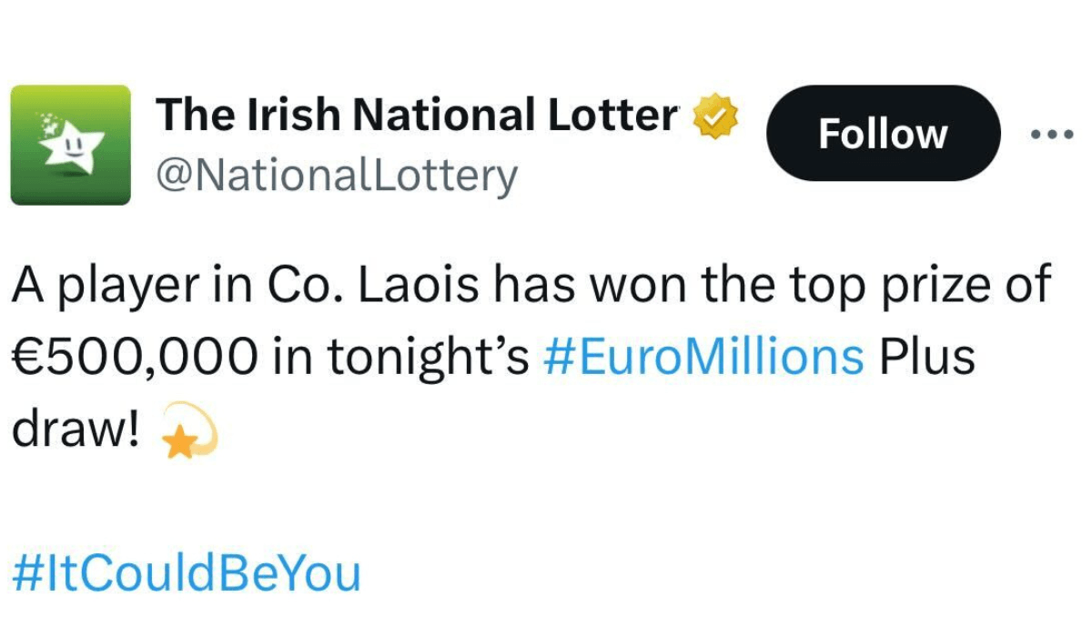 Irish National Lottery post on X