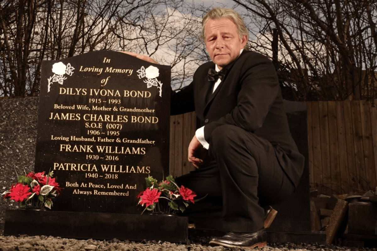 The grandson of James Bond with an inscribed headstone