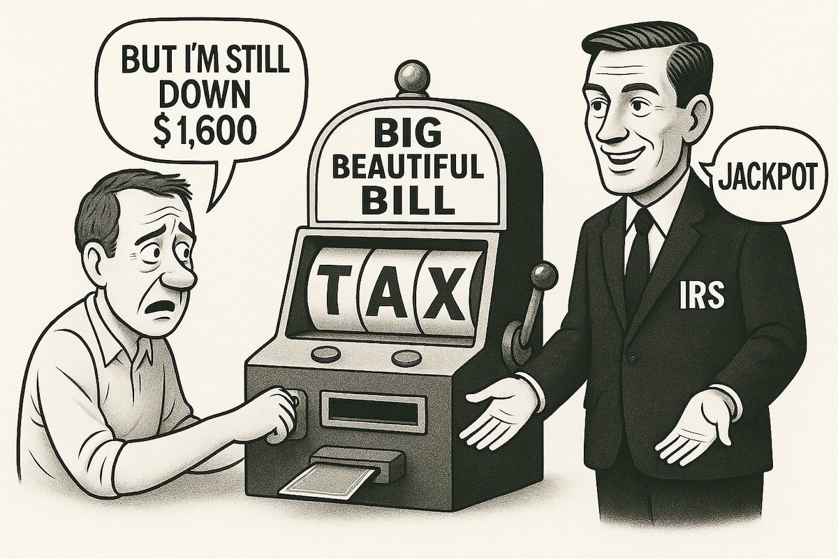 Editorial cartoon showing gambler, IRS agent, and tax-themed slot machine