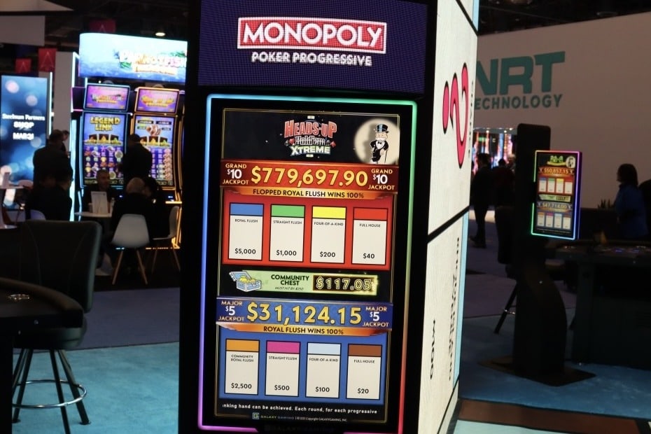 The screen for Galaxy Gaming's Monopoly table game featured on poker table.