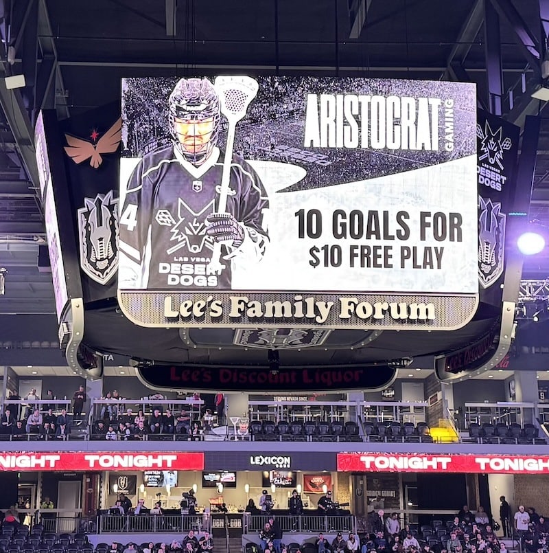 Aristocrat promotion on the jumbotron offering $10 free play after the Desert Dogs’ 10th goal