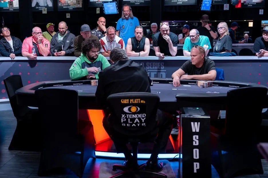 Poker players and dealers seated during long sessions at the World Series of Poker