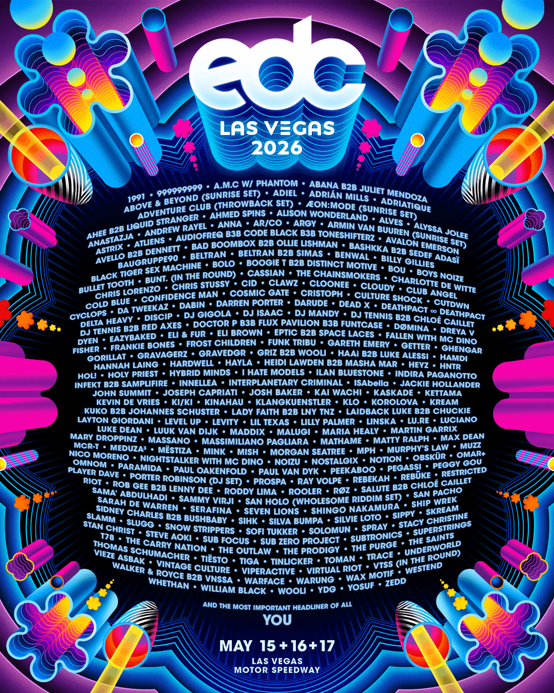 The full list of performers for Electric Daisy Carnival (EDC) in Las Vegas at the Motor Speedway for 2026