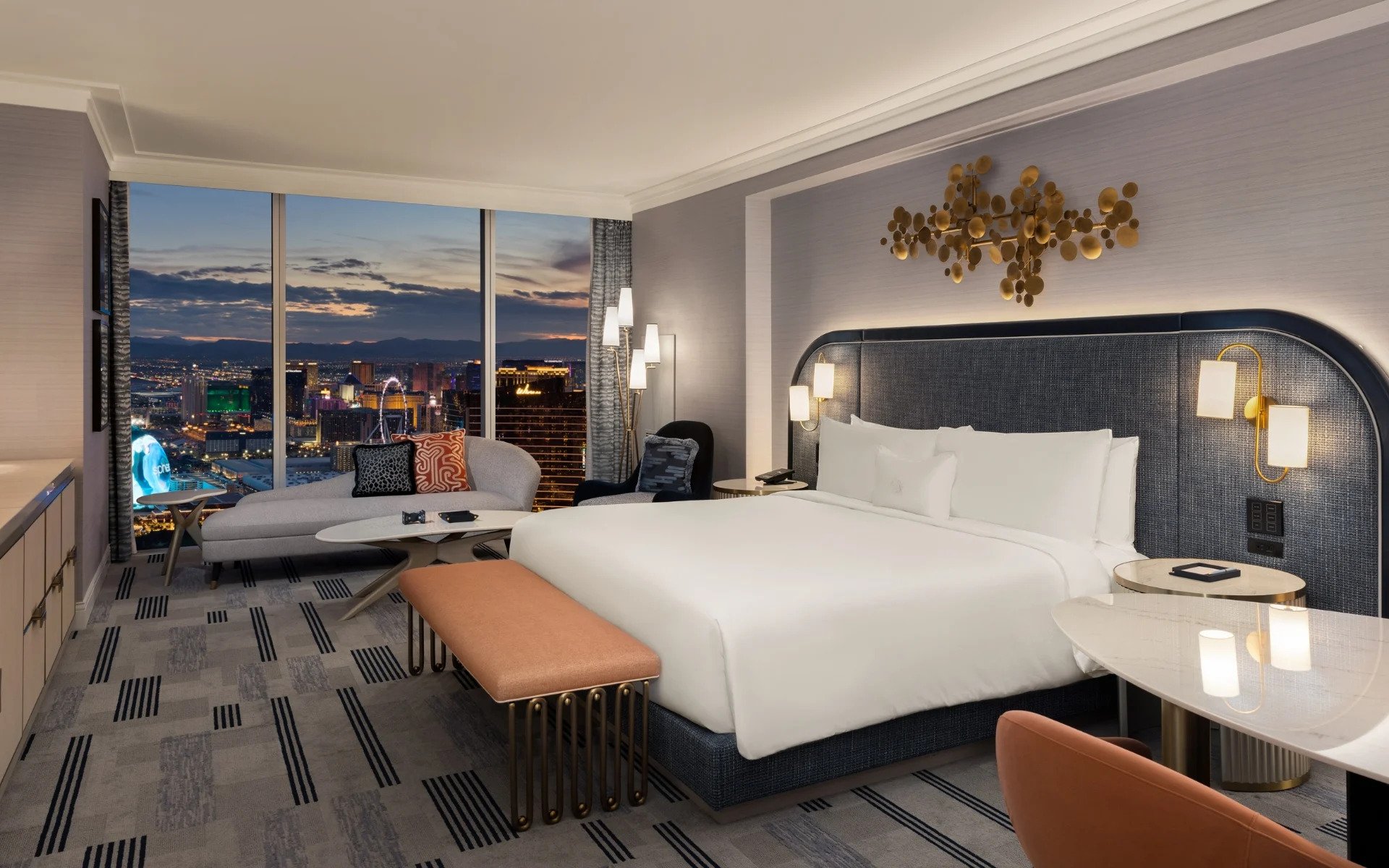 A Gold room with a view of the Strip at Fontainebleau.