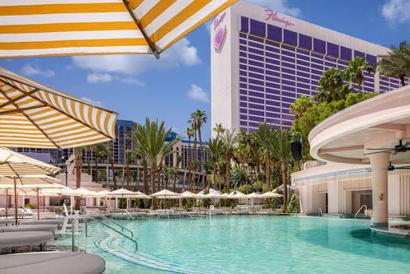 The Flamingo's GO Pool, pictured with the Flamingo Hotel in the background and striped umbrellas.