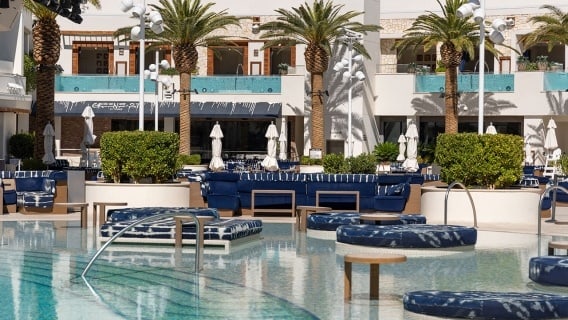  Daybeds on the water at the Palms Casino Resort pool on the Las Vegas Strip.
