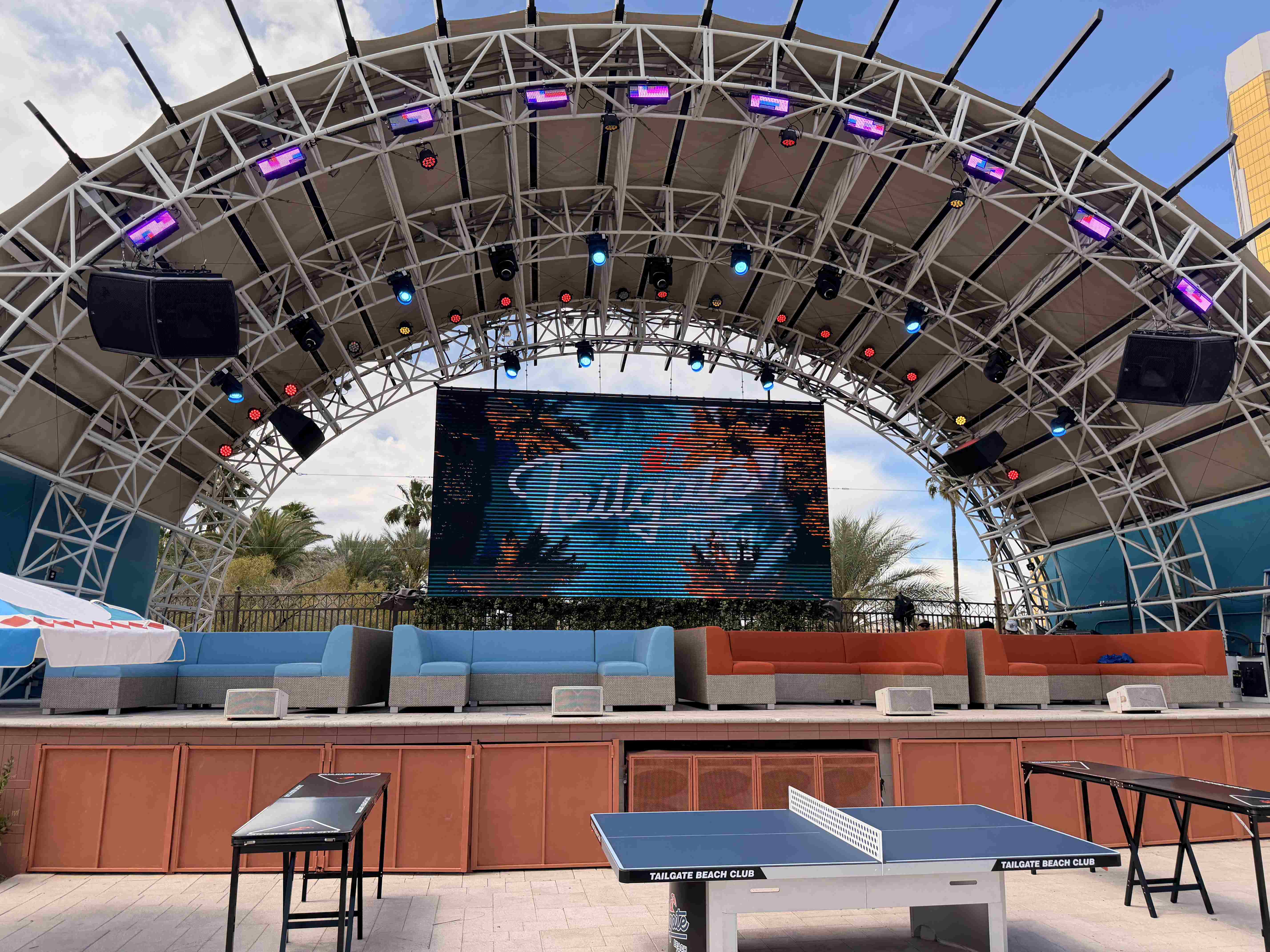 The stage at Tailgate Beach Club with a large screen. At Mandalay Bay.