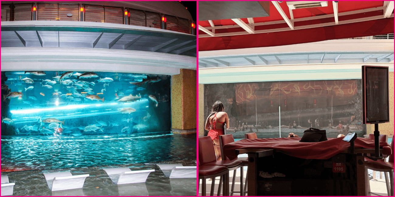 Image on the left is The Tank at Golden Nugget when it was full with fish and sharks. The image on the right is a recent photo that shows the tank empty and drained with no fish.