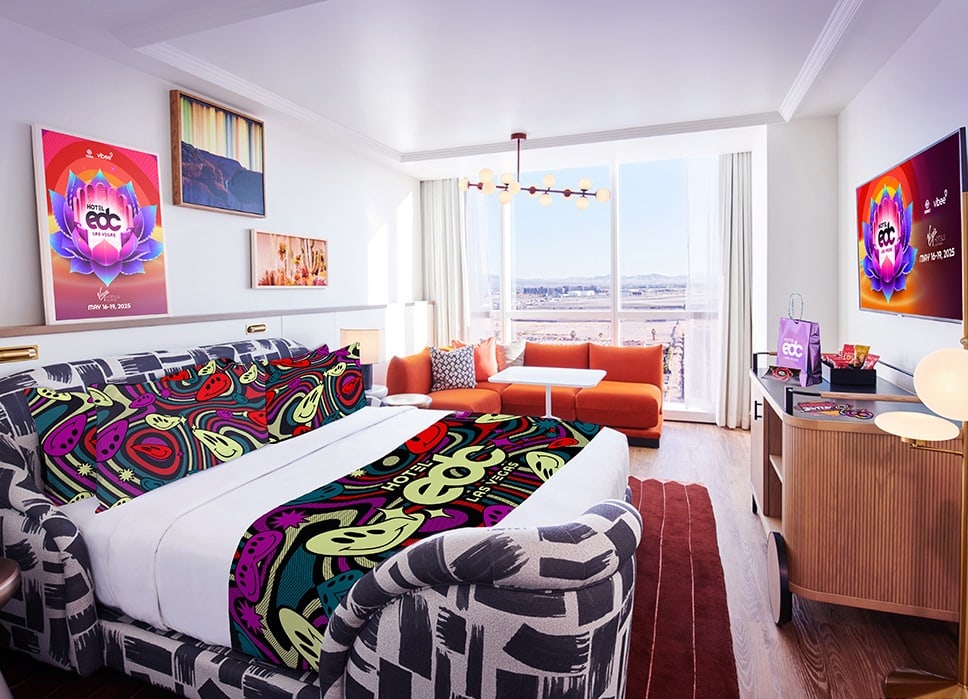 A room at Virgin hotels for Hotel EDC with special blankets, posters and decorations