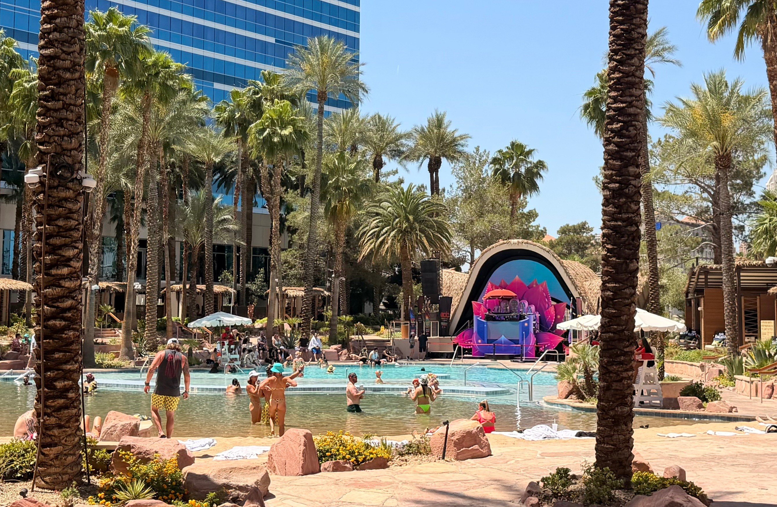 The pool at Virgin Hotels with a stage for EDC's 30th anniversary