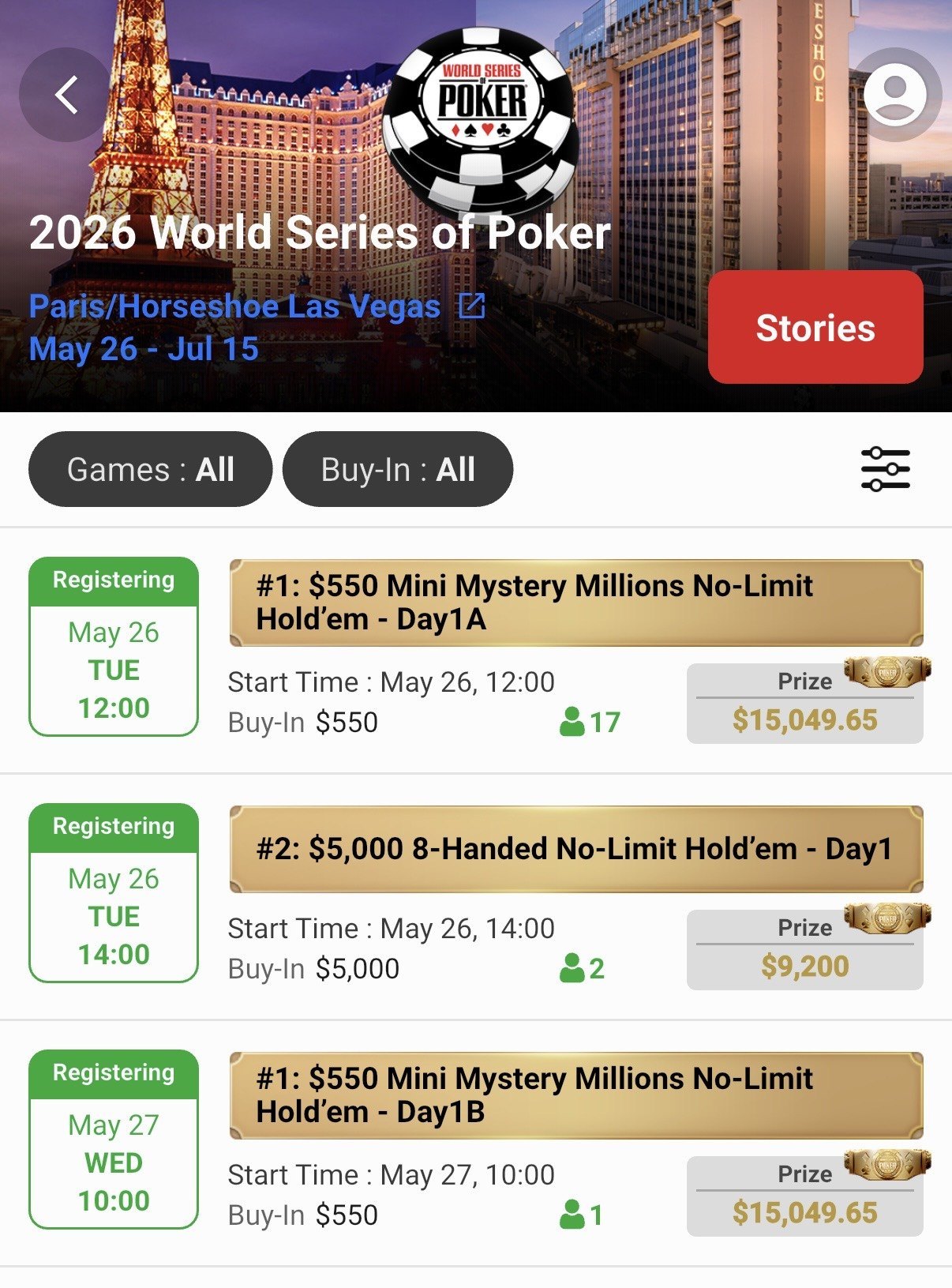 A screenshot from the WSOP's Live App