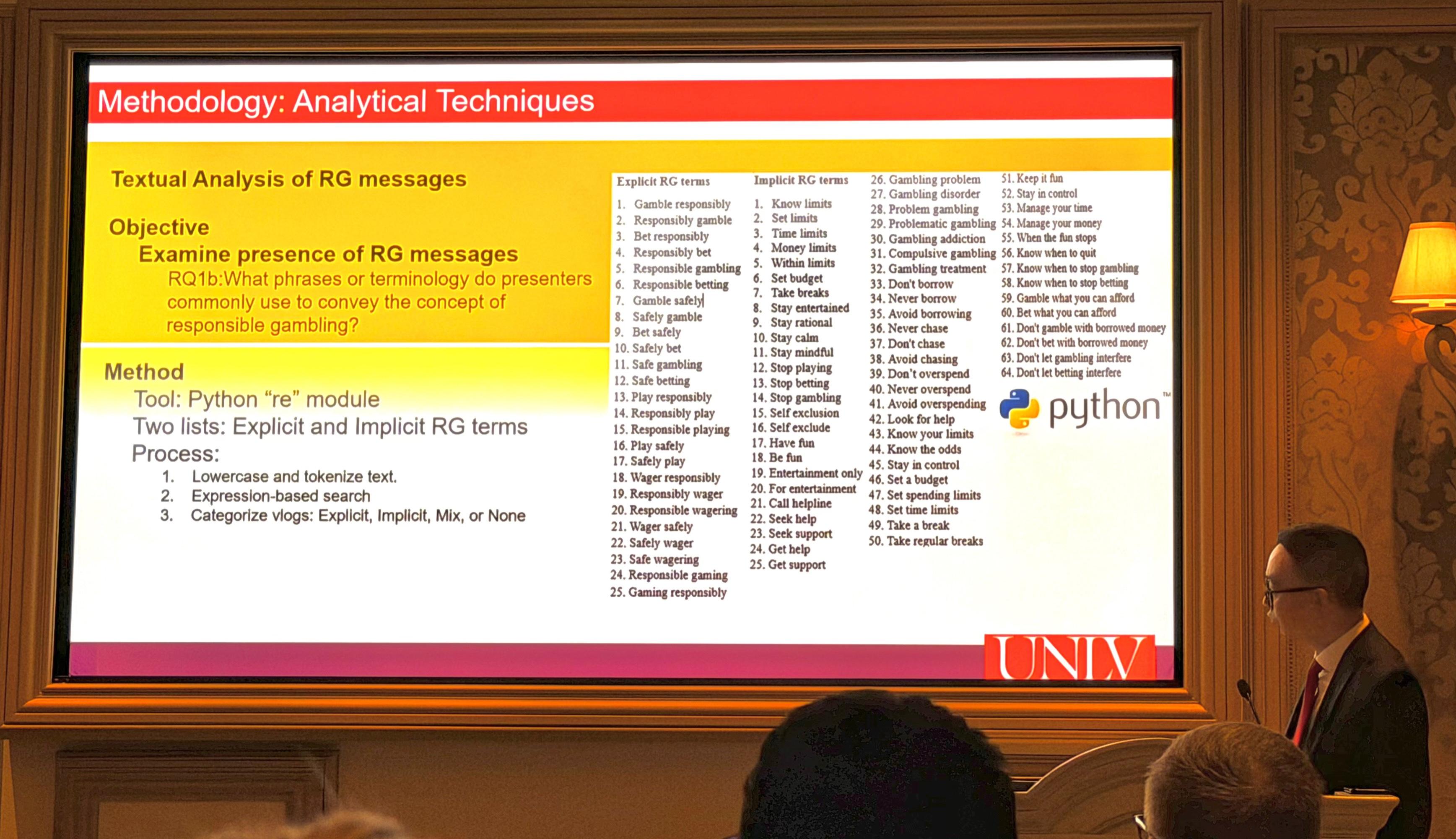 UNLV researcher Tiange (Patrick) Xu presents examples of responsible gambling terminology on a screen at the International Conference on Gambling & Risk Taking at Bellagio