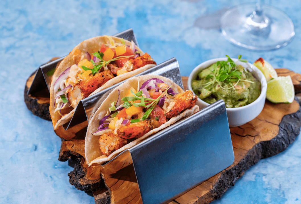Shrimp tacos and guacamole from Truth and Tonic wellness cafe at Canyon Ranch Spa inside the Venetian.