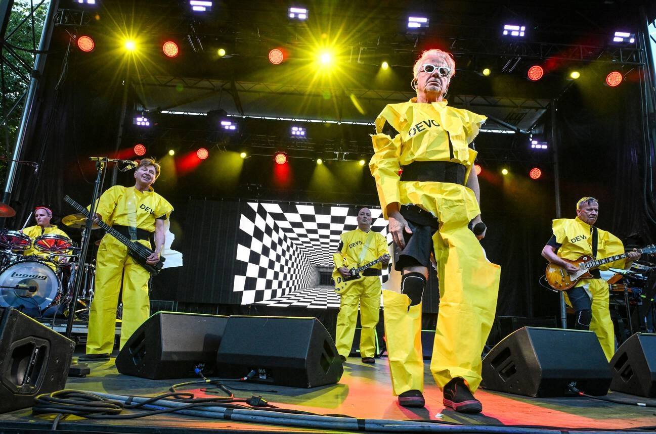 Josh Freese, Gerald Casale, Josh Hager, Mark Mothersbaugh, Bob Mothersbaugh of Devo performing onstage at Day 1 of the Project Pabst festival at Tom McCall Waterfront Park in Portland, Oregon USA on 26th July 2025.