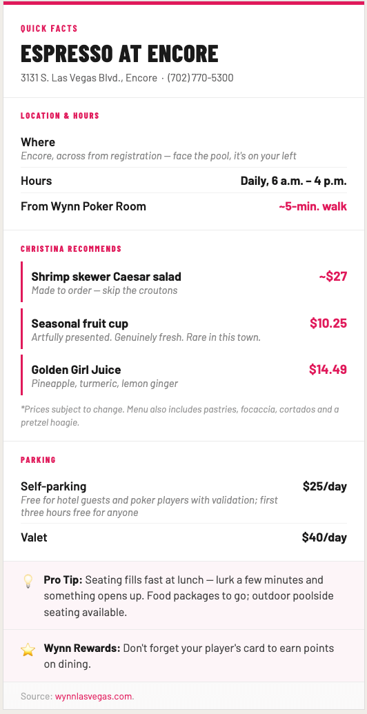 Infobox for the Espresso Café at Encore with info on prices, parking, best things to order, and tips.