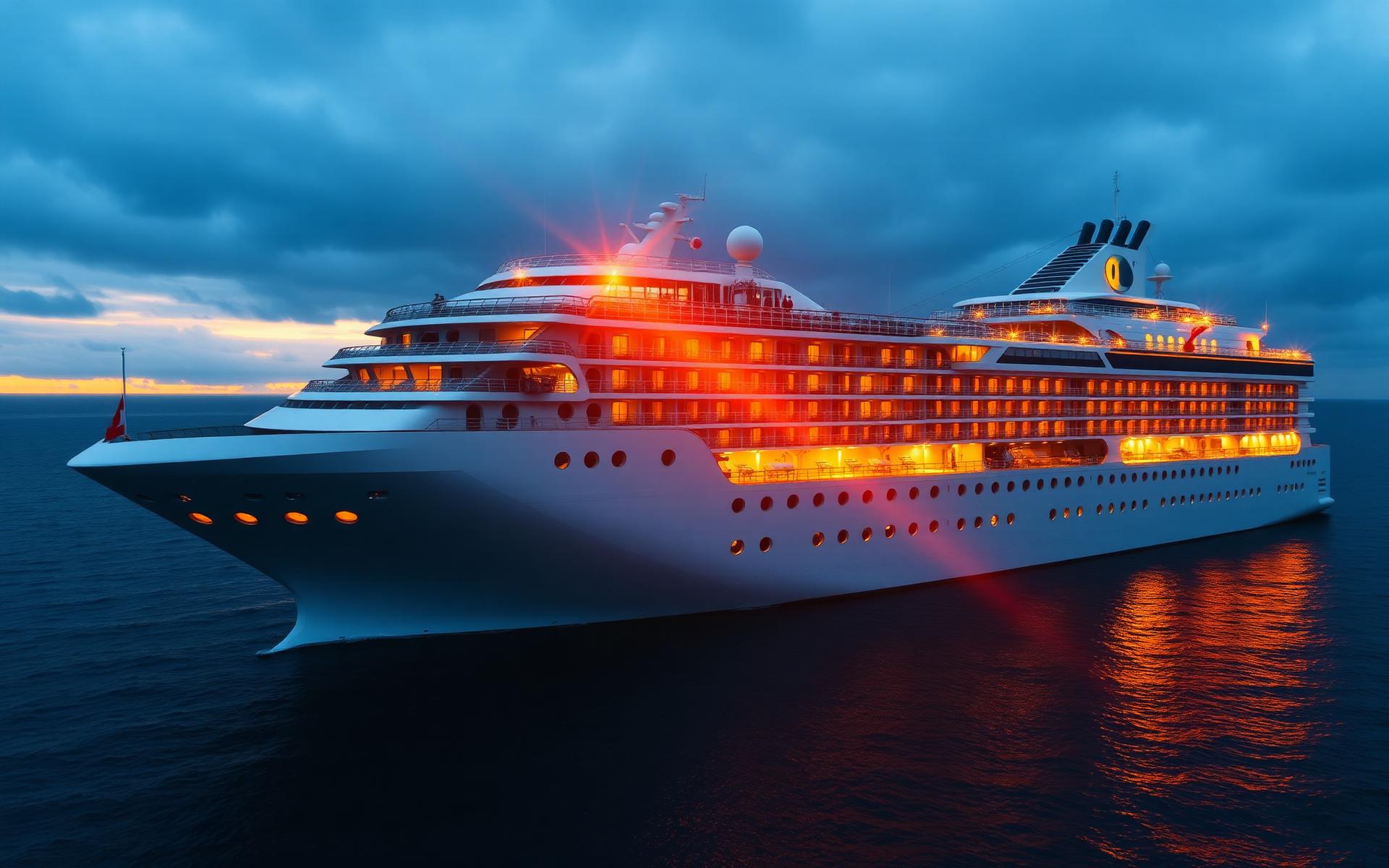 Cruise ship lit up at night with an onboard casino