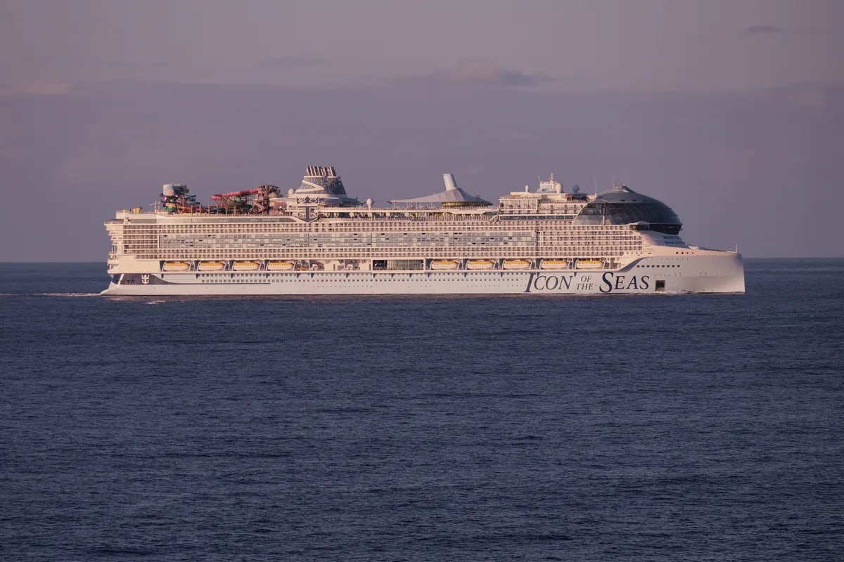 Aerial view of Royal Caribbean's Icon of the Seas cruise ship sailing across open water