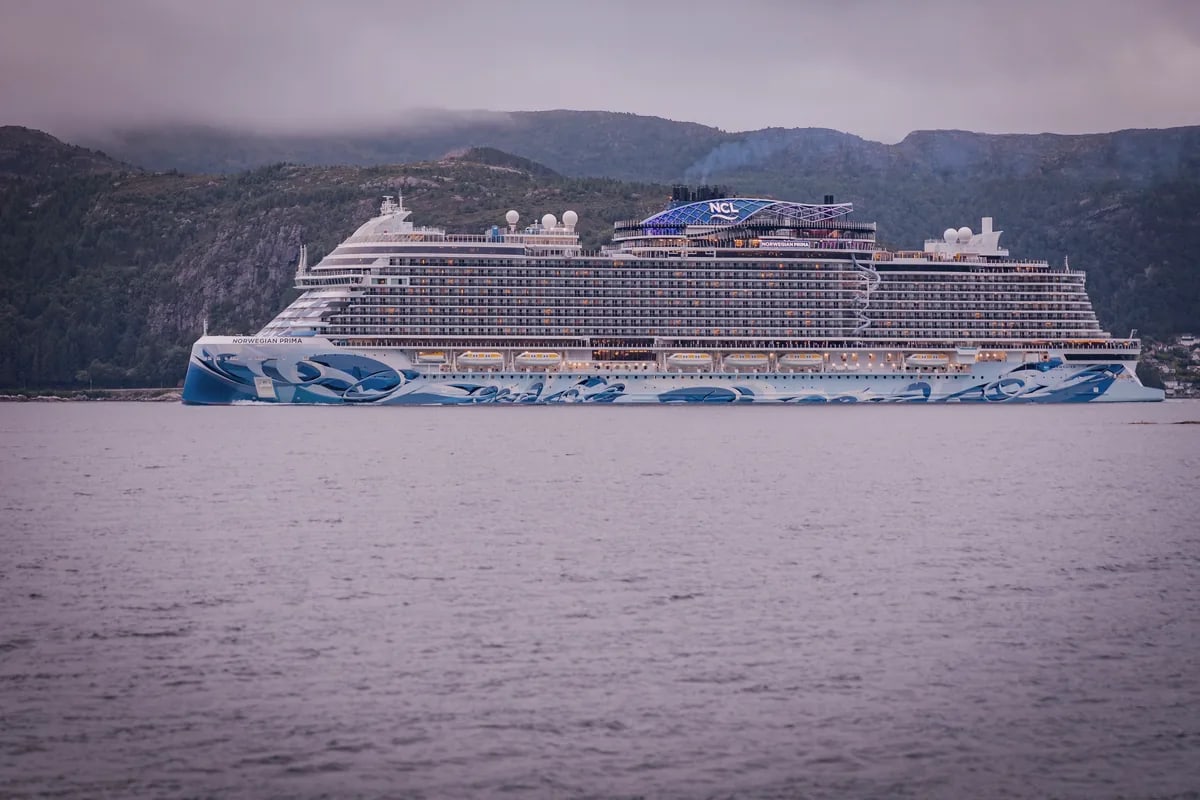 Norwegian Prima cruise ship showing its rooftop go-kart racetrack