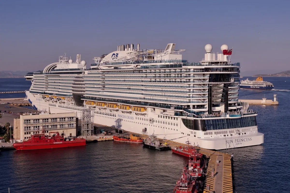 Princess Cruises' Sun Princess cruise ship docked at sunset