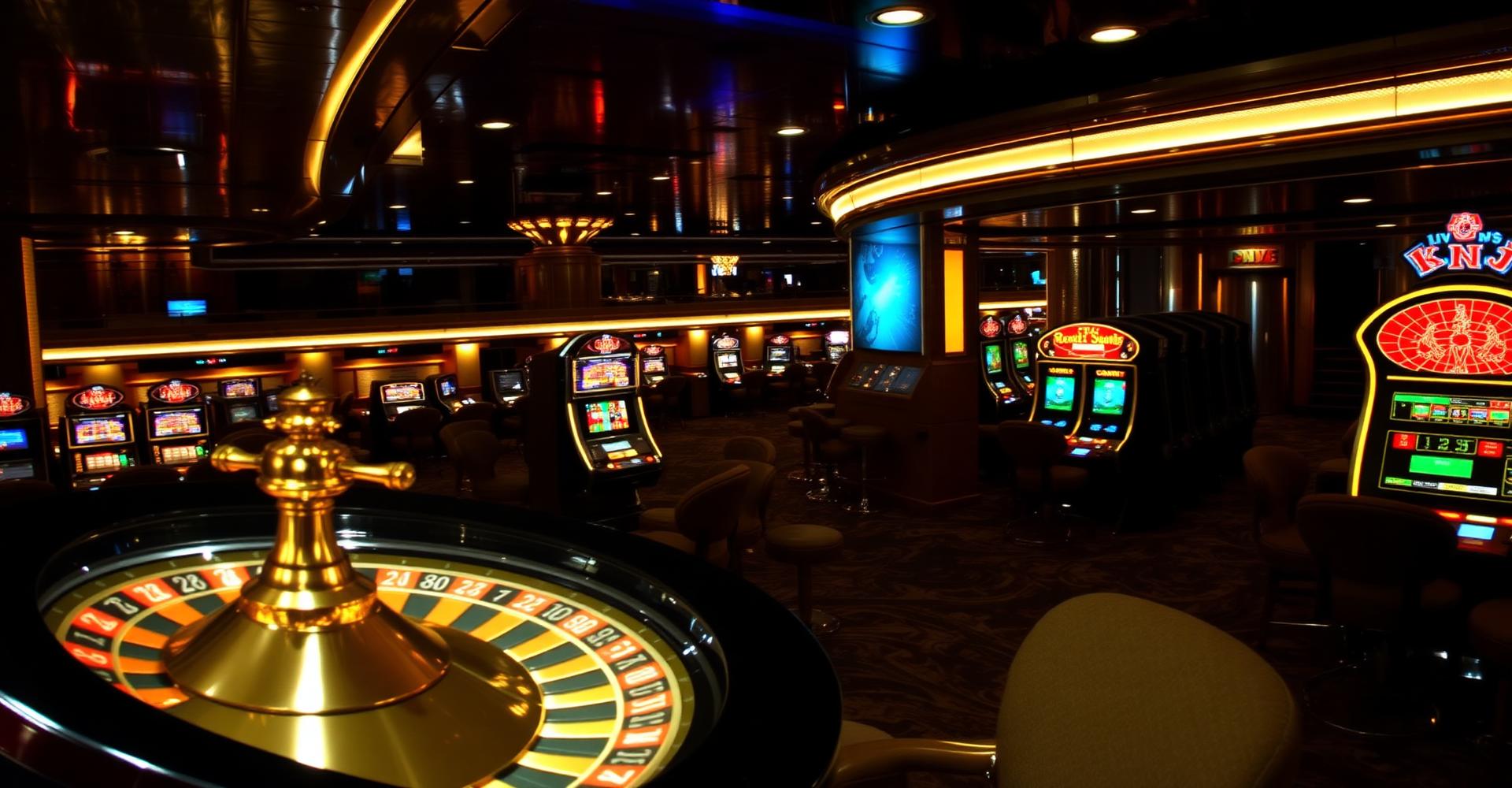 Dimly lit casino floor aboard a cruise ship with rows of glowing slot machines