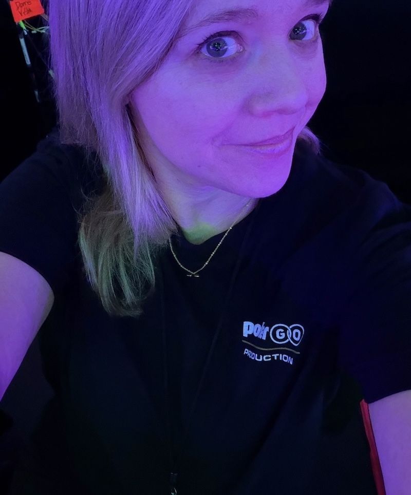 Casinos.com writer Christina Bradfield wearing PokerGo T-shirt in selfie