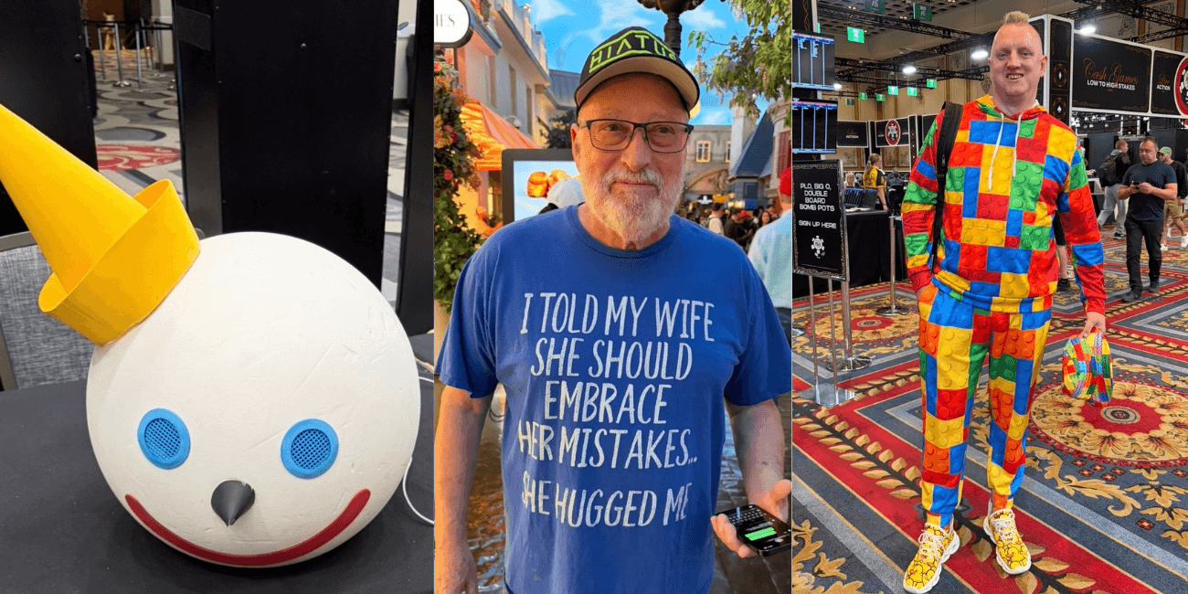 From left to right, a Jack-in-the-Box helmet, a man with a silly shirt and a man with a Lego outfit at the World Series of poker